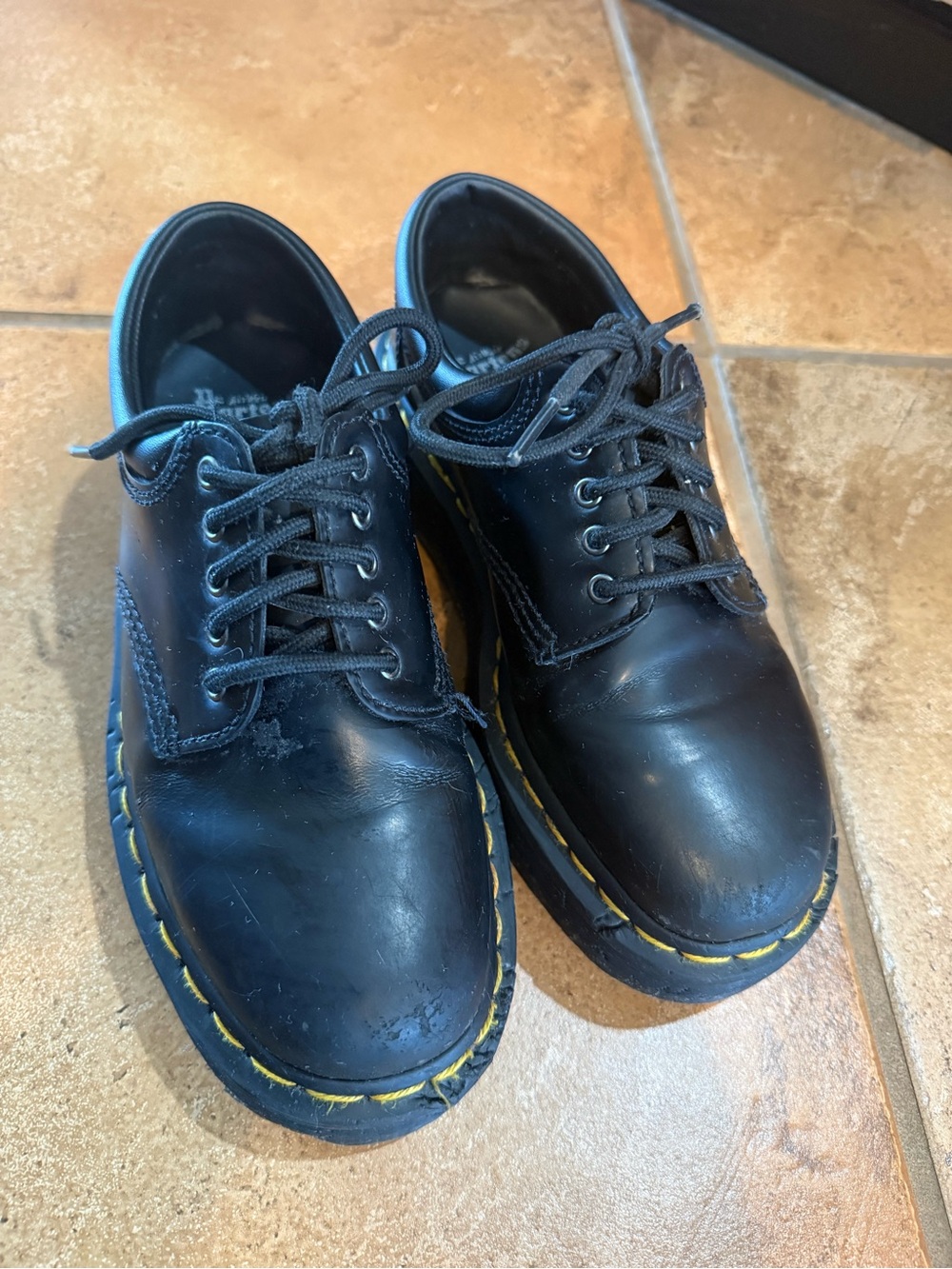 Dr. Martens Black Leather Lace-Up Shoes with Yellow Stitching